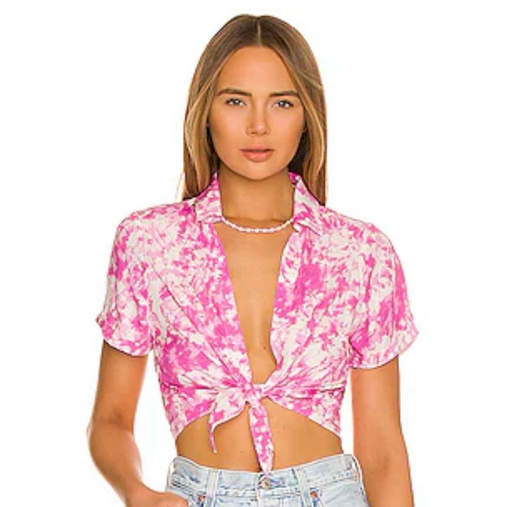 NWT For Love and‎ Lemons Devon Crop Top large tie front shirt sleeve pink white